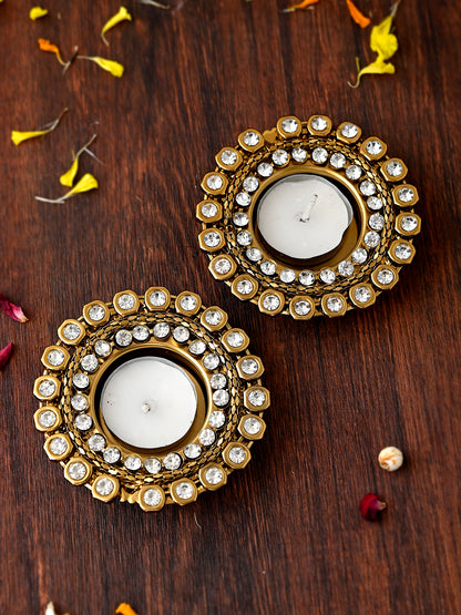 White & Gold-Toned 2 Pieces Stone Studded Metal Candle Holders