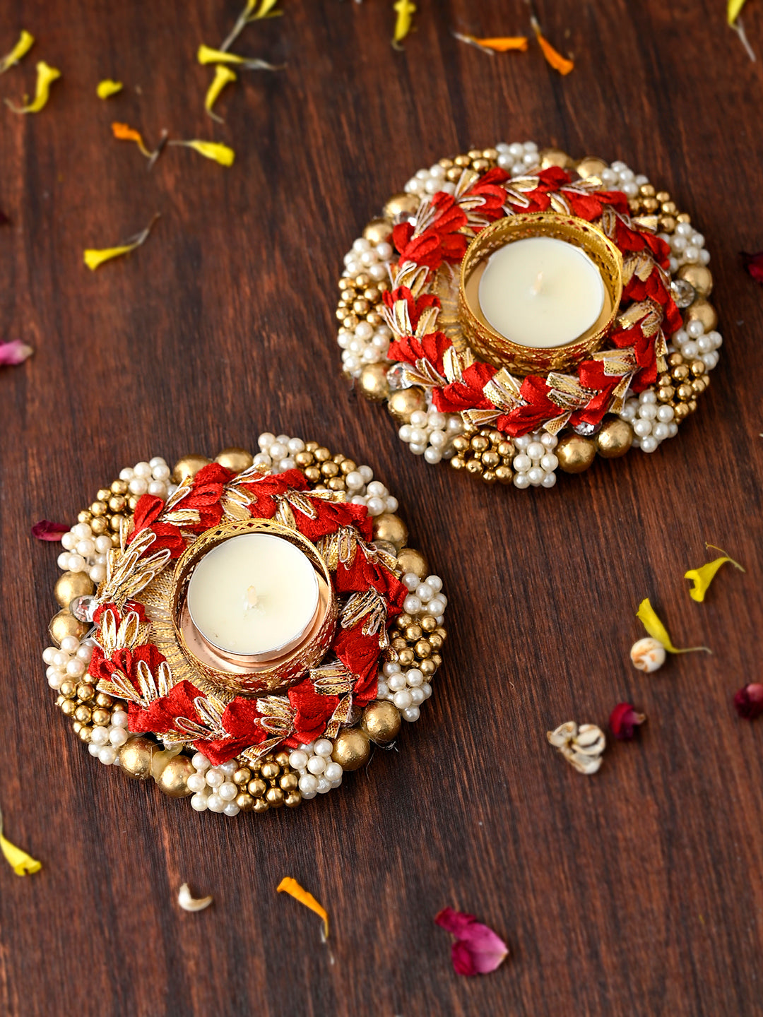 Red & Gold-Toned 2 Pieces Embellished Metal Candle Holders