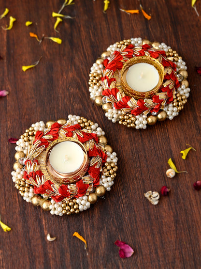 Red & Gold-Toned 2 Pieces Embellished Metal Candle Holders