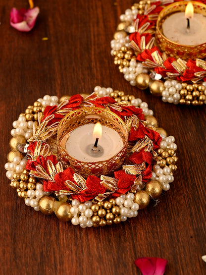 Red & Gold-Toned 2 Pieces Embellished Metal Candle Holders