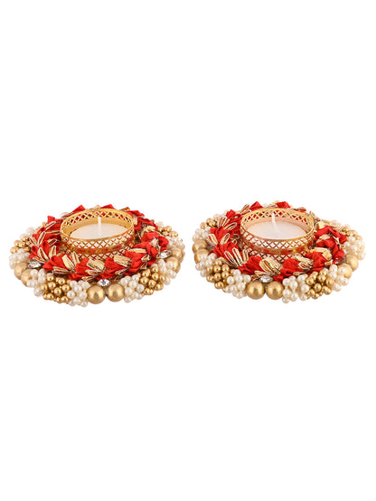 Red & Gold-Toned 2 Pieces Embellished Metal Candle Holders