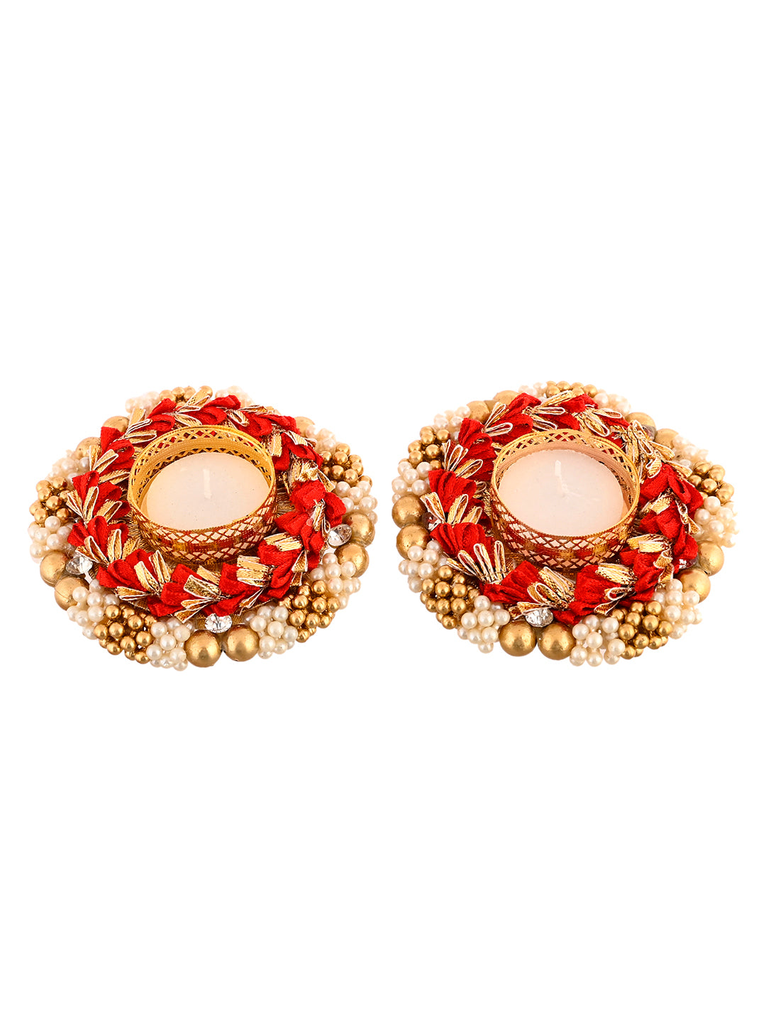 Red & Gold-Toned 2 Pieces Embellished Metal Candle Holders