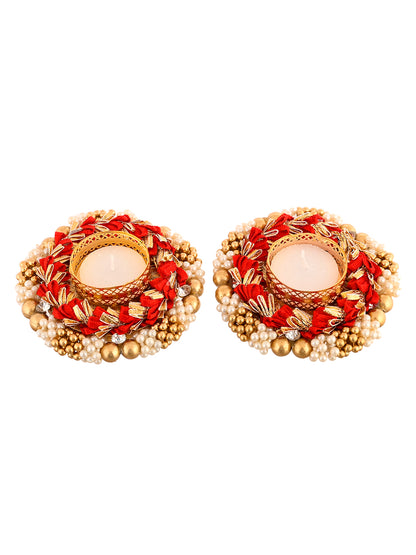 Red & Gold-Toned 2 Pieces Embellished Metal Candle Holders