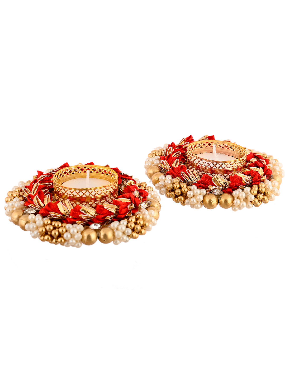 Red & Gold-Toned 2 Pieces Embellished Metal Candle Holders