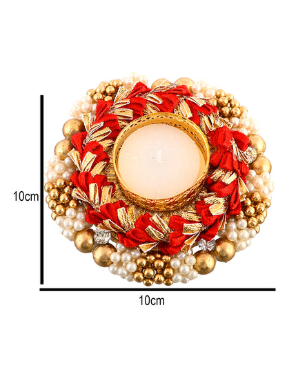 Red & Gold-Toned 2 Pieces Embellished Metal Candle Holders