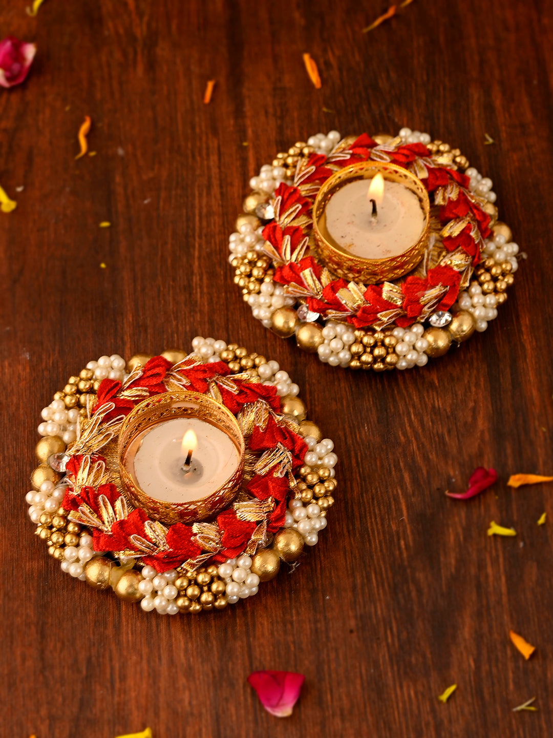 Red & Gold-Toned 2 Pieces Embellished Metal Candle Holders