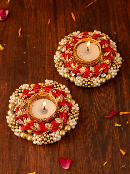 Red & Gold-Toned 2 Pieces Embellished Metal Candle Holders
