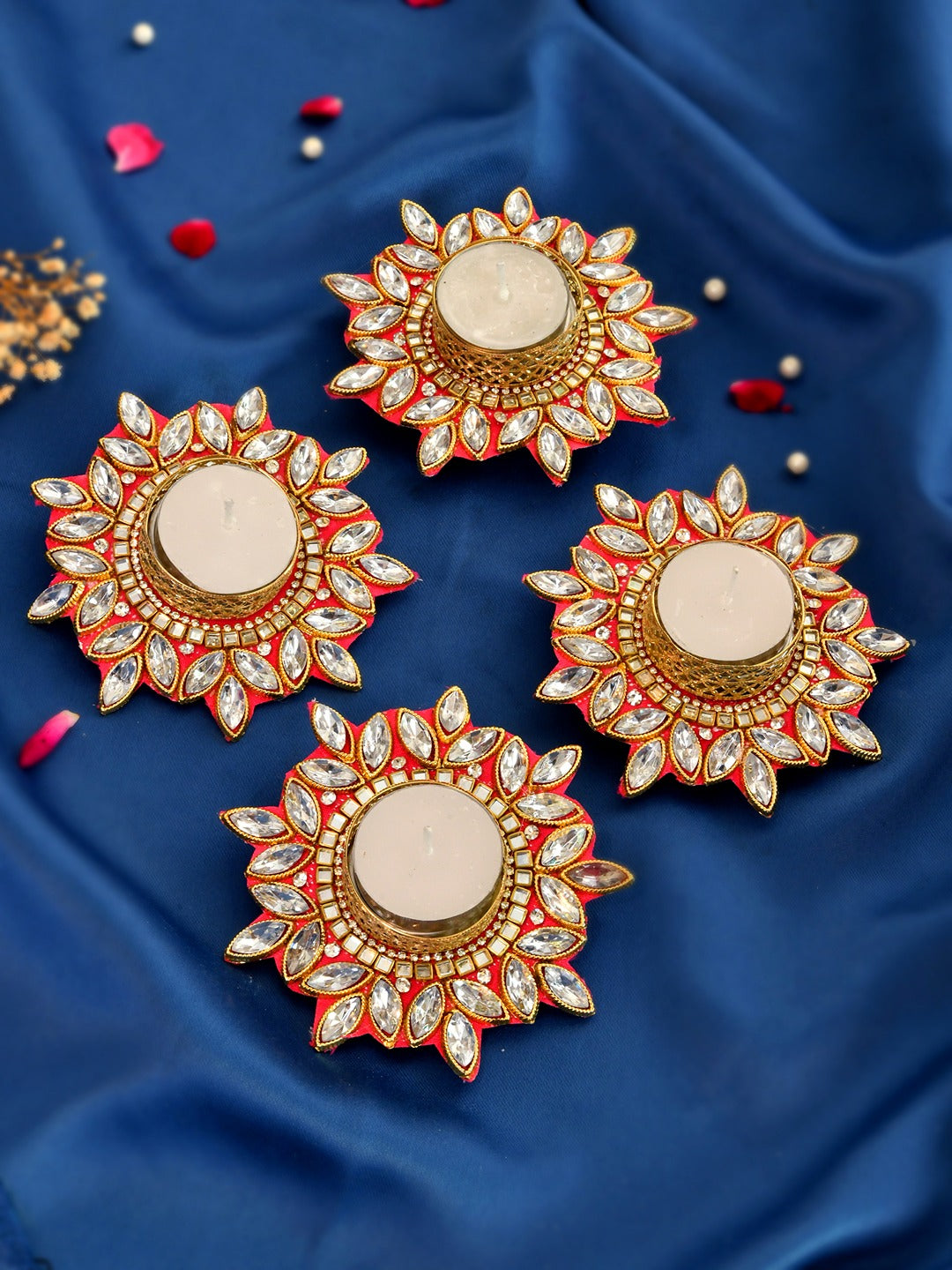 Set of 4 Decorative Kundan Work Tealight Holders