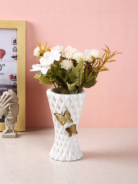 White Diamond Pattern Ceramic Flower Vase With Butterflies