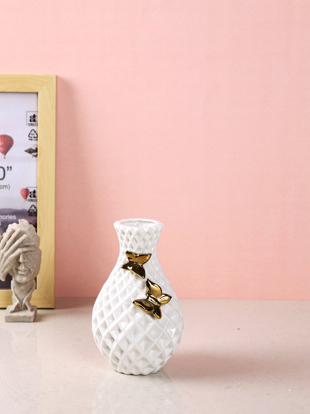 Opulent White & Gold-Toned Textured Ceramic Flower Vase