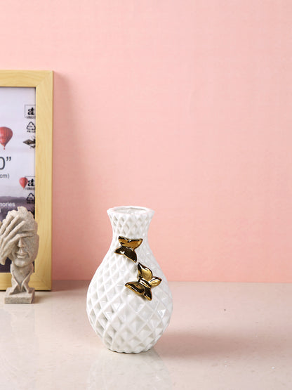 Opulent White & Gold-Toned Textured Ceramic Flower Vase