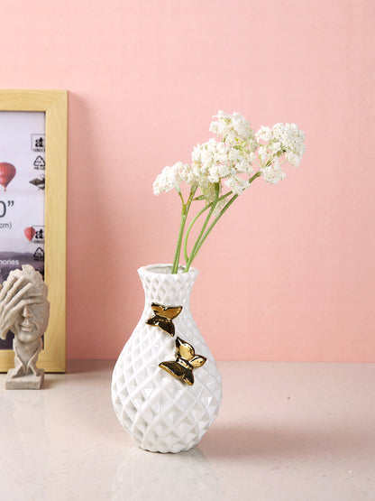 Opulent White & Gold-Toned Textured Ceramic Flower Vase