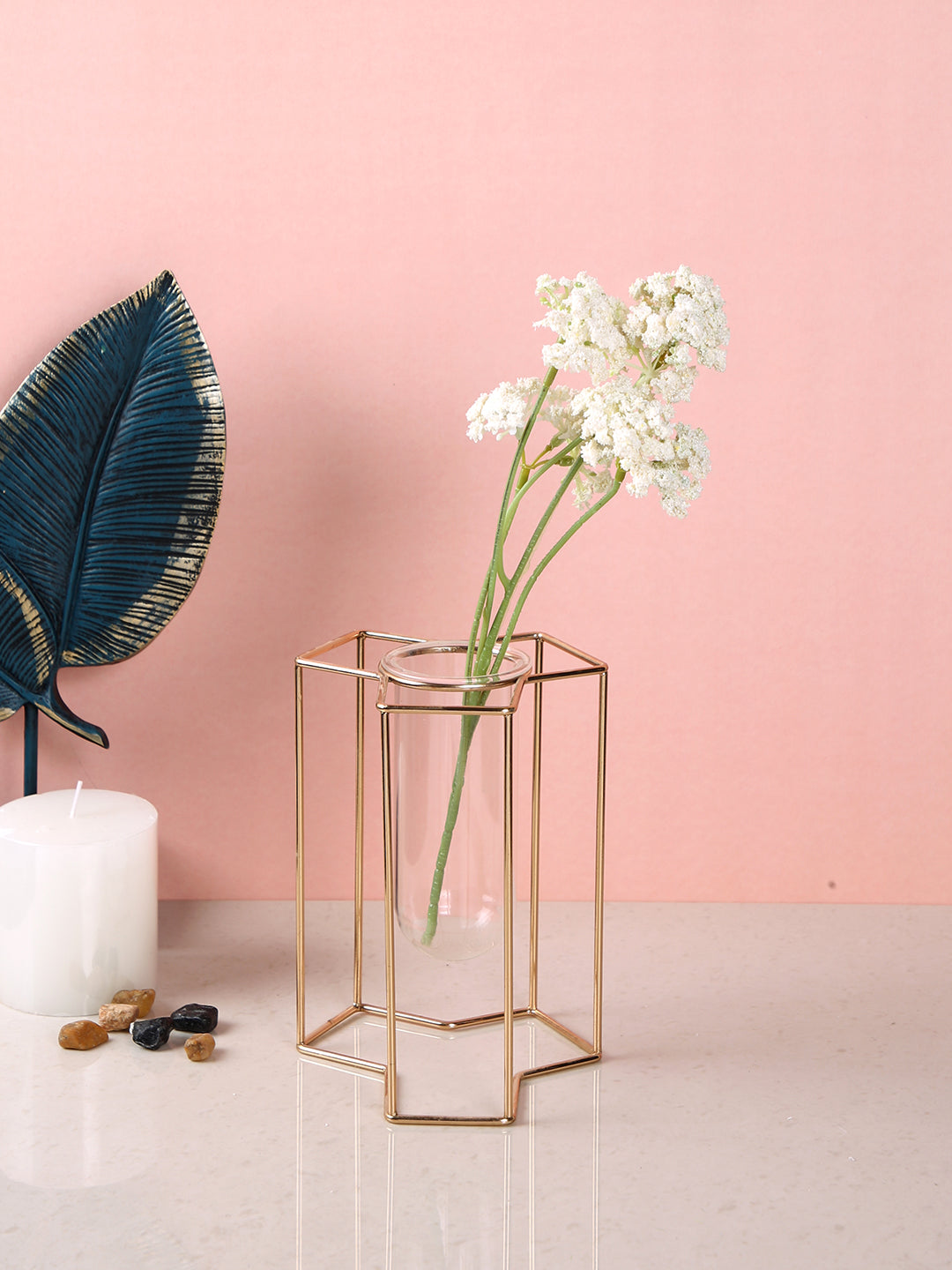 Transparent Metal & Glass Geometric Hexagon Flower Vase