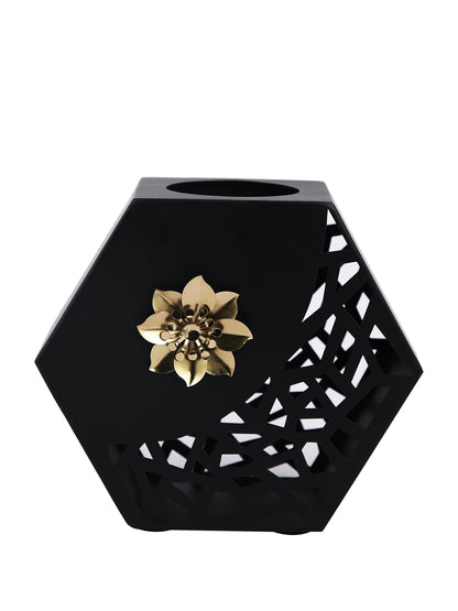 Midnight Blossom Black Floral Hexagonal Flower Vase
