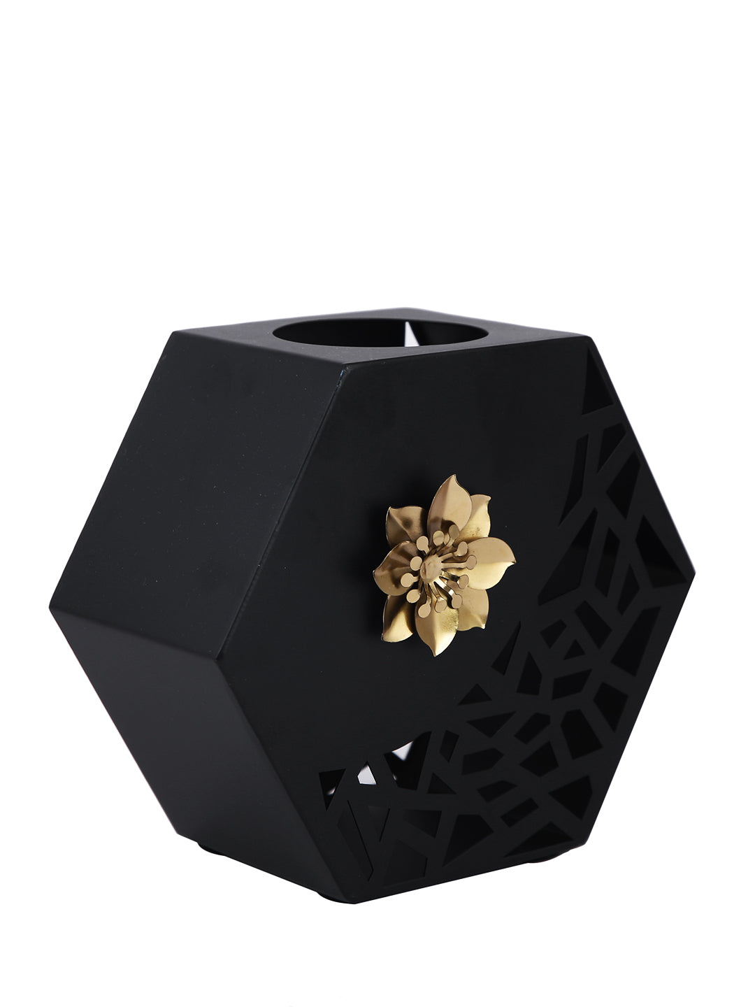 Midnight Blossom Black Floral Hexagonal Flower Vase