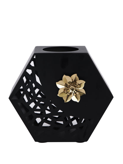 Midnight Blossom Black Floral Hexagonal Flower Vase