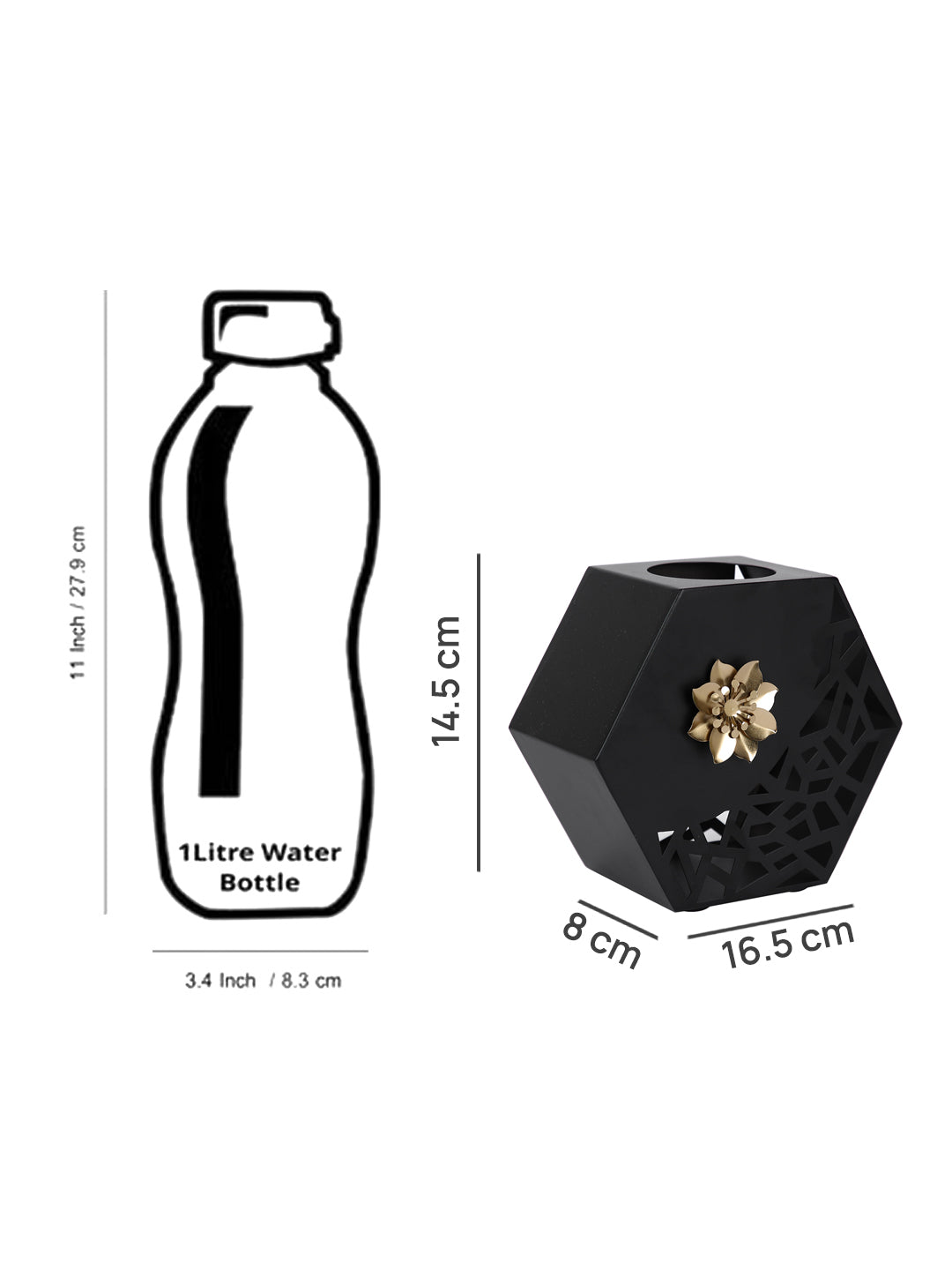 Midnight Blossom Black Floral Hexagonal Flower Vase