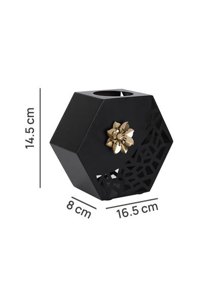 Midnight Blossom Black Floral Hexagonal Flower Vase
