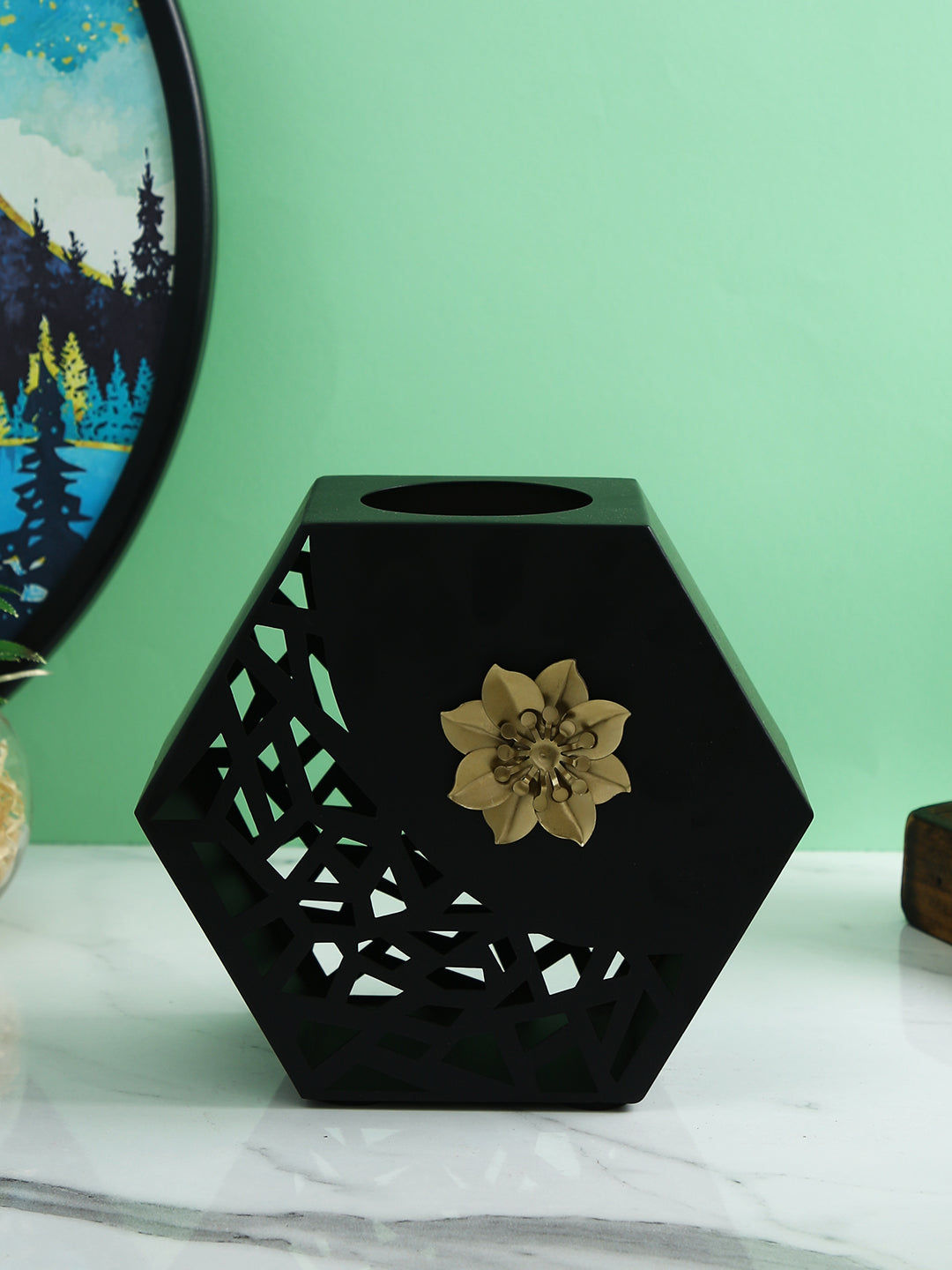 Midnight Blossom Black Floral Hexagonal Flower Vase
