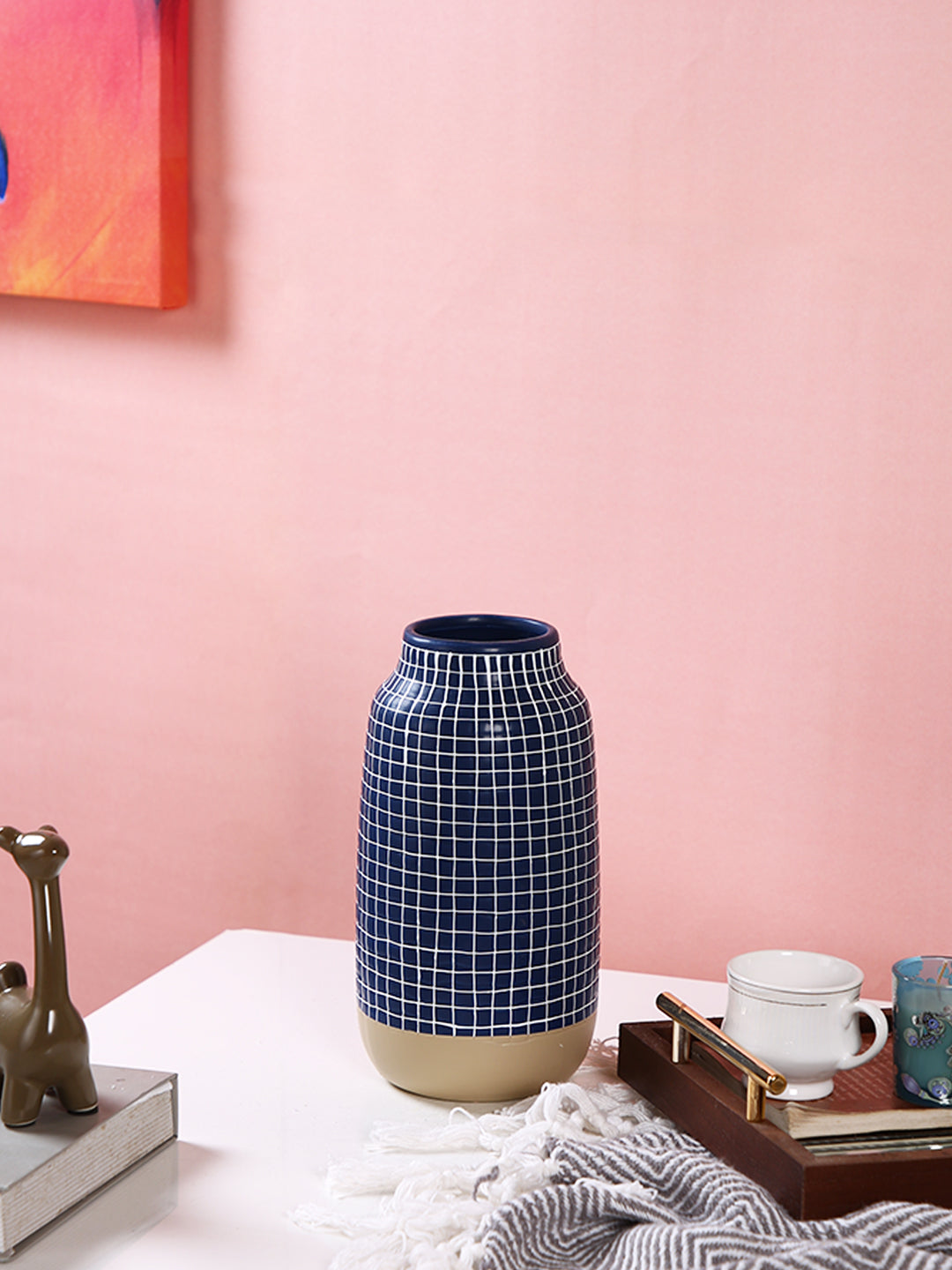 Modern Blue & White Grid-Designed Ceramic Flower Vase