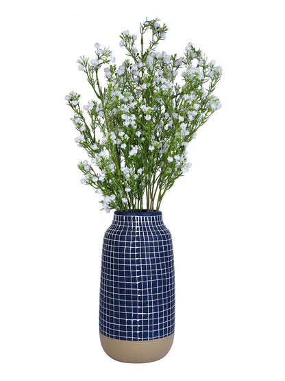 Modern Blue & White Grid-Designed Ceramic Flower Vase