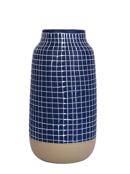 Modern Blue & White Grid-Designed Ceramic Flower Vase
