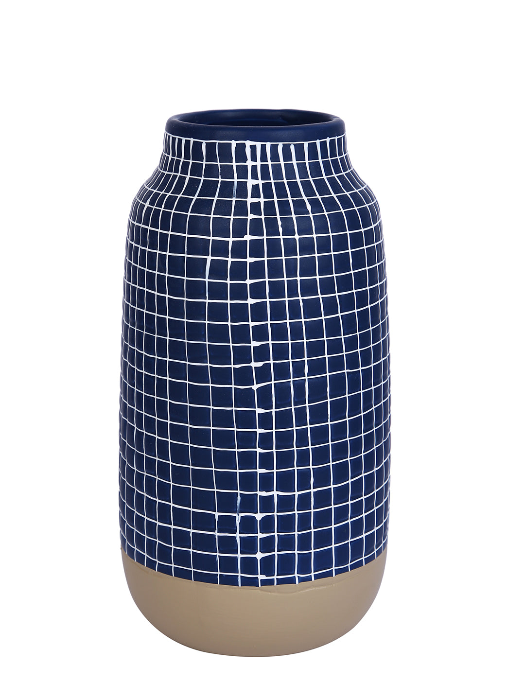 Modern Blue & White Grid-Designed Ceramic Flower Vase