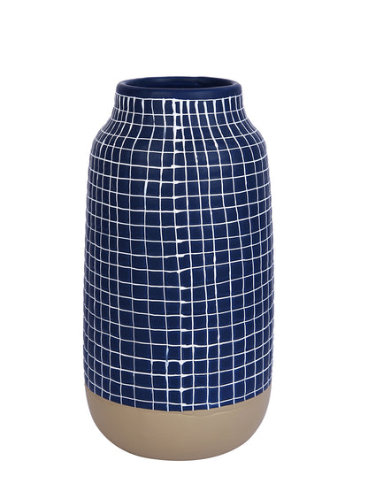 Modern Blue & White Grid-Designed Ceramic Flower Vase