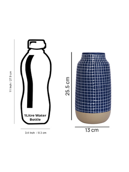 Modern Blue & White Grid-Designed Ceramic Flower Vase