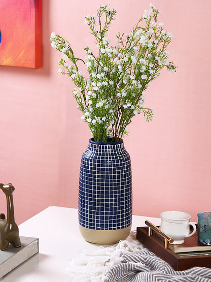 Modern Blue & White Grid-Designed Ceramic Flower Vase