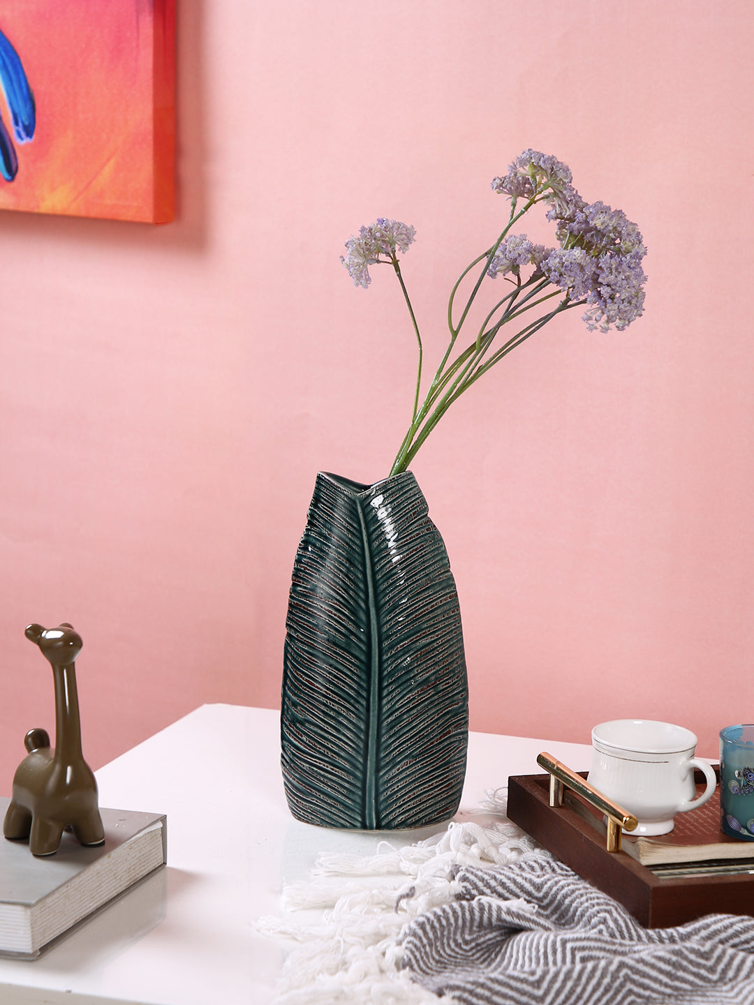 Green Ivory Leaf Textured Ceramic Leaf Flower Vase