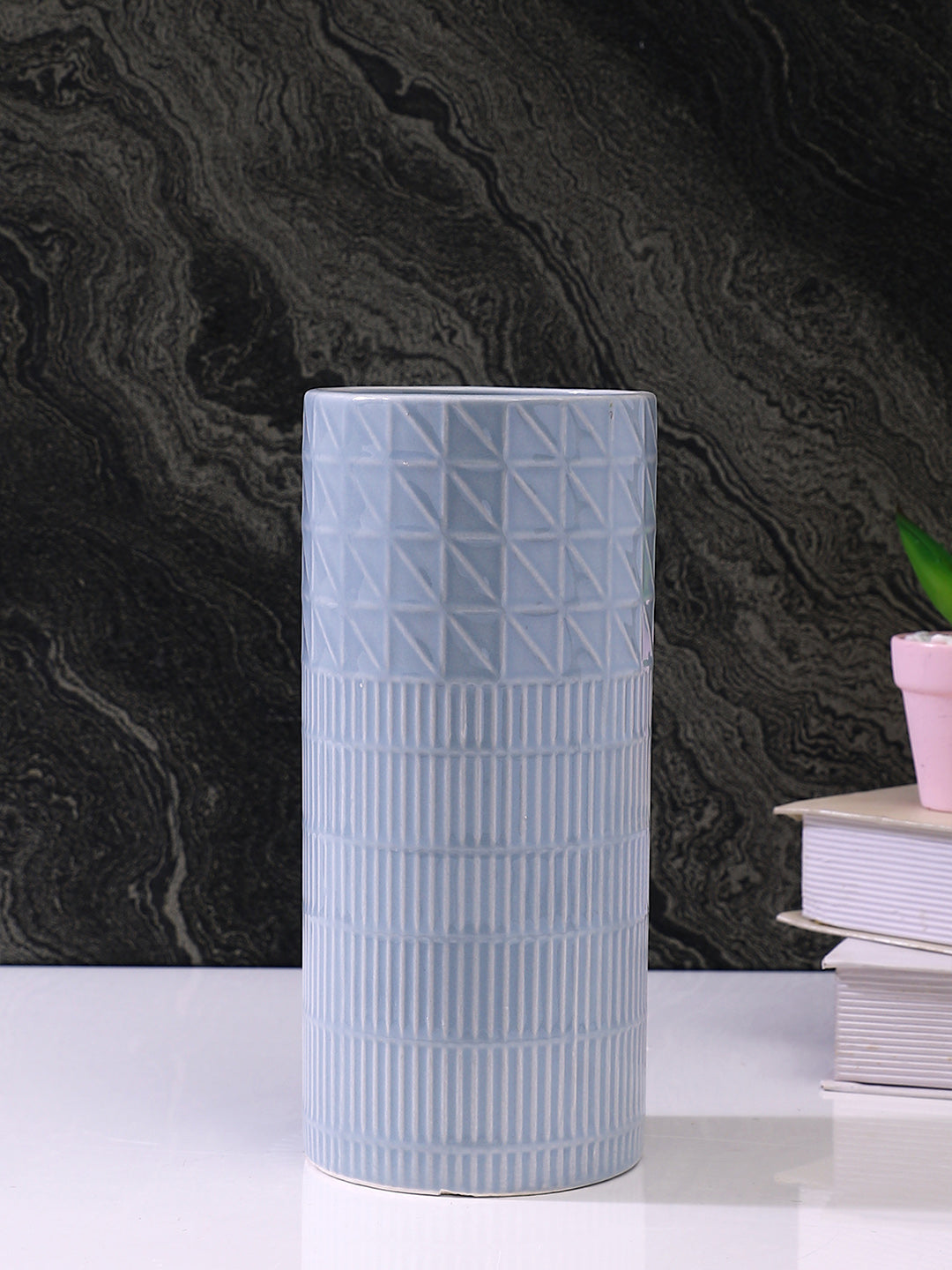 Grey Geometric Textured Ceramic Flower Vase