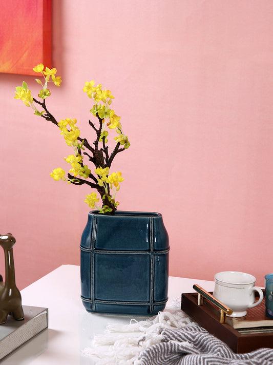 Blue Textured Ceramic Grid Flower Vase
