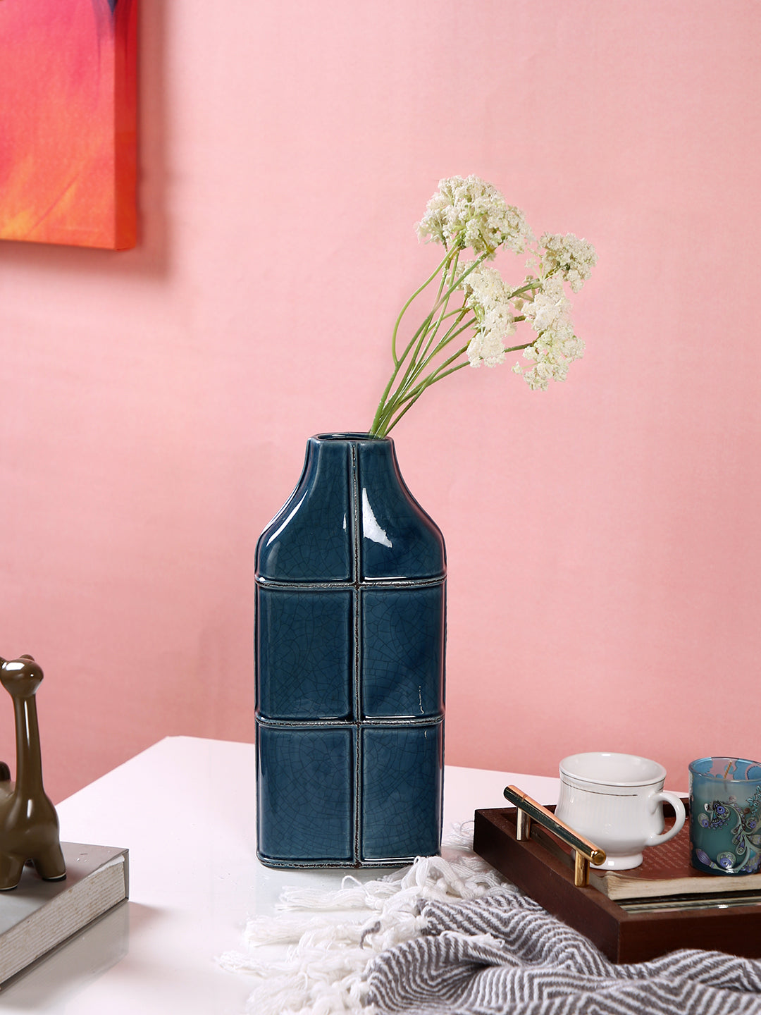 Navy Blue Sculpted Grid Textured Ceramic Grid Flower Vase