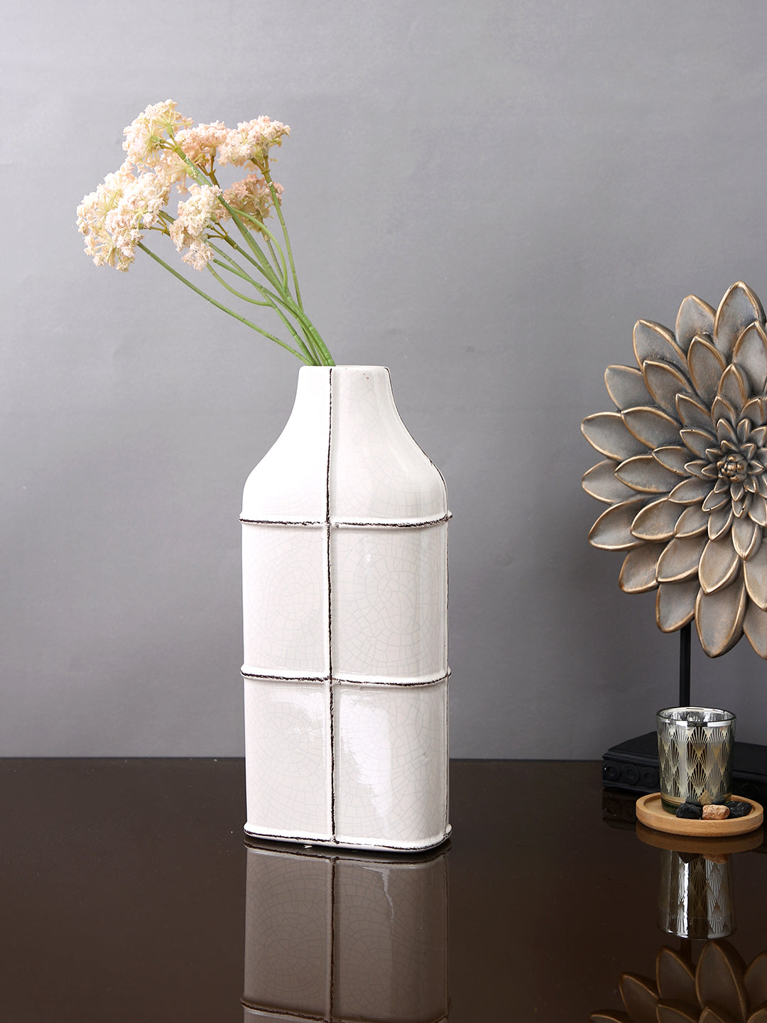White Textured Ceramic Sculpted Grid Flower Vase
