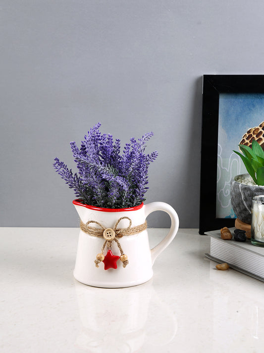 White & Red Rustic Charm Textured Ceramic Pitcher Flower Vase
