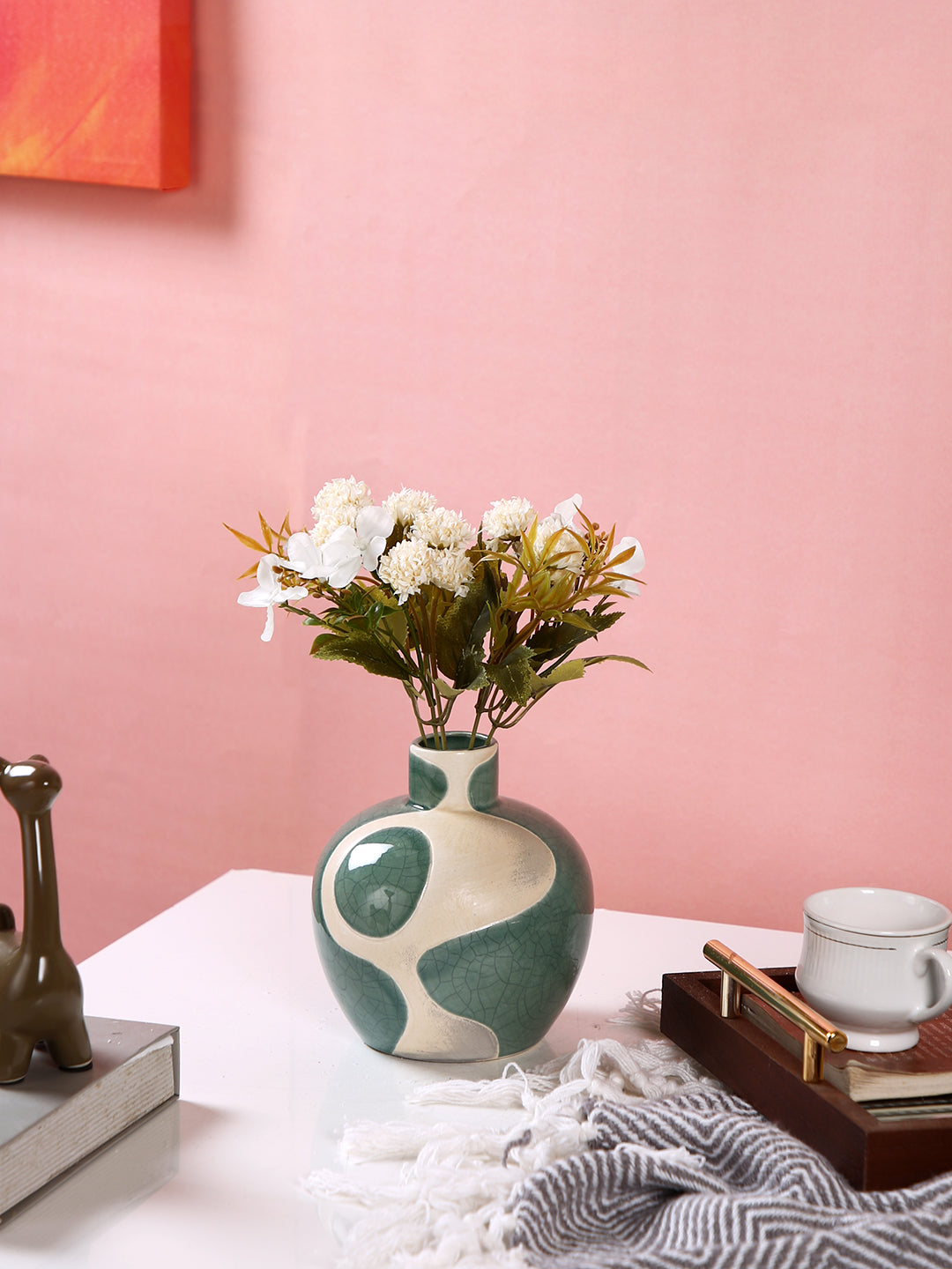 Green & White Printed Ceramic Emerald Glow Sphere Flower Vase