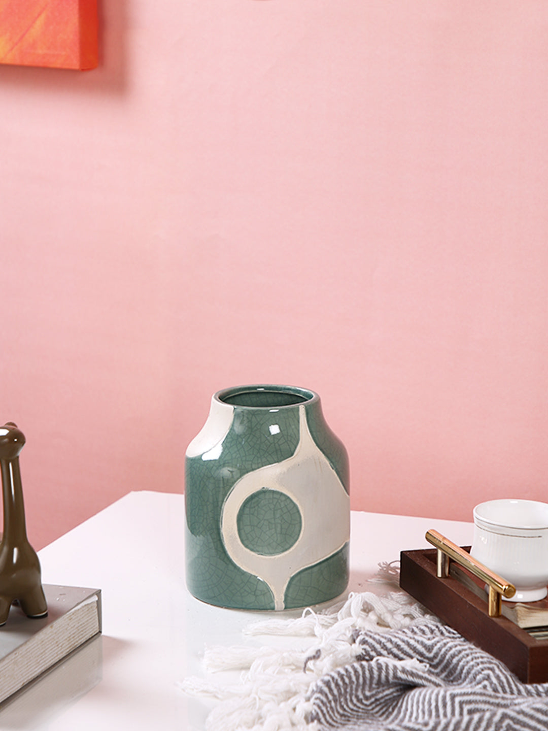 Green & White Textured Sage Serenity Ceramic Flower Vase