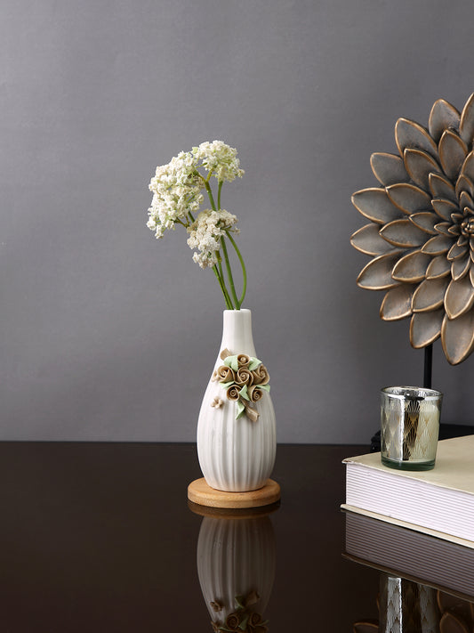 White & Beige Textured Ceramic Bloom Bottle Flower Vase