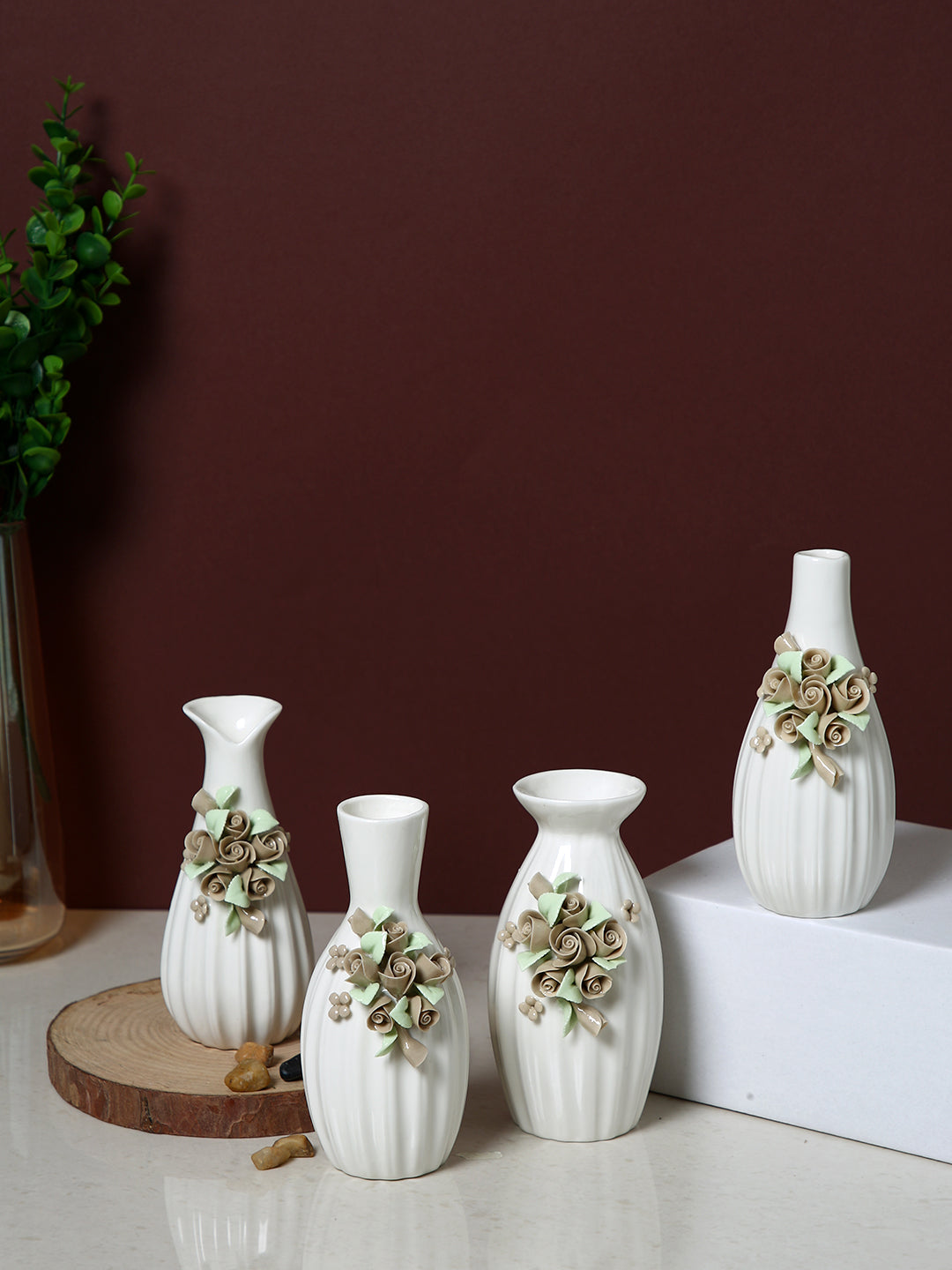 4 Piece White & Beige Floral Textured Ceramic Flower Vases