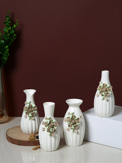 4 Piece White & Beige Floral Textured Ceramic Flower Vases