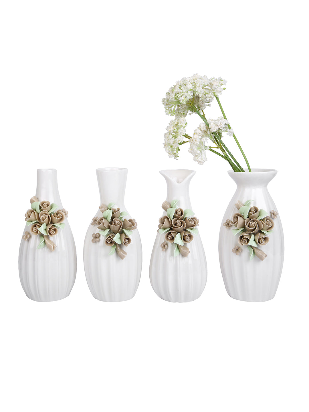 4 Piece White & Beige Floral Textured Ceramic Flower Vases