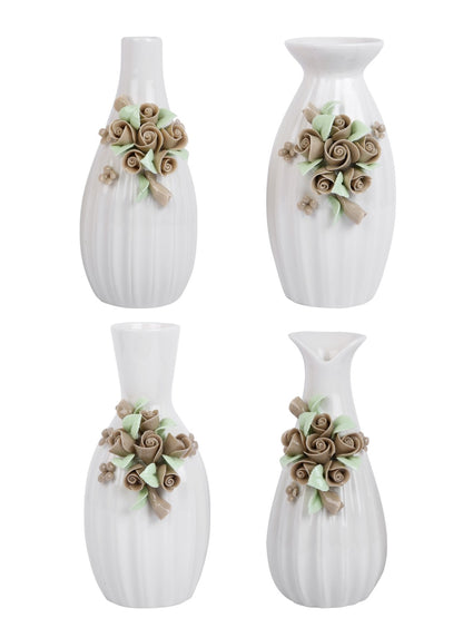 4 Piece White & Beige Floral Textured Ceramic Flower Vases