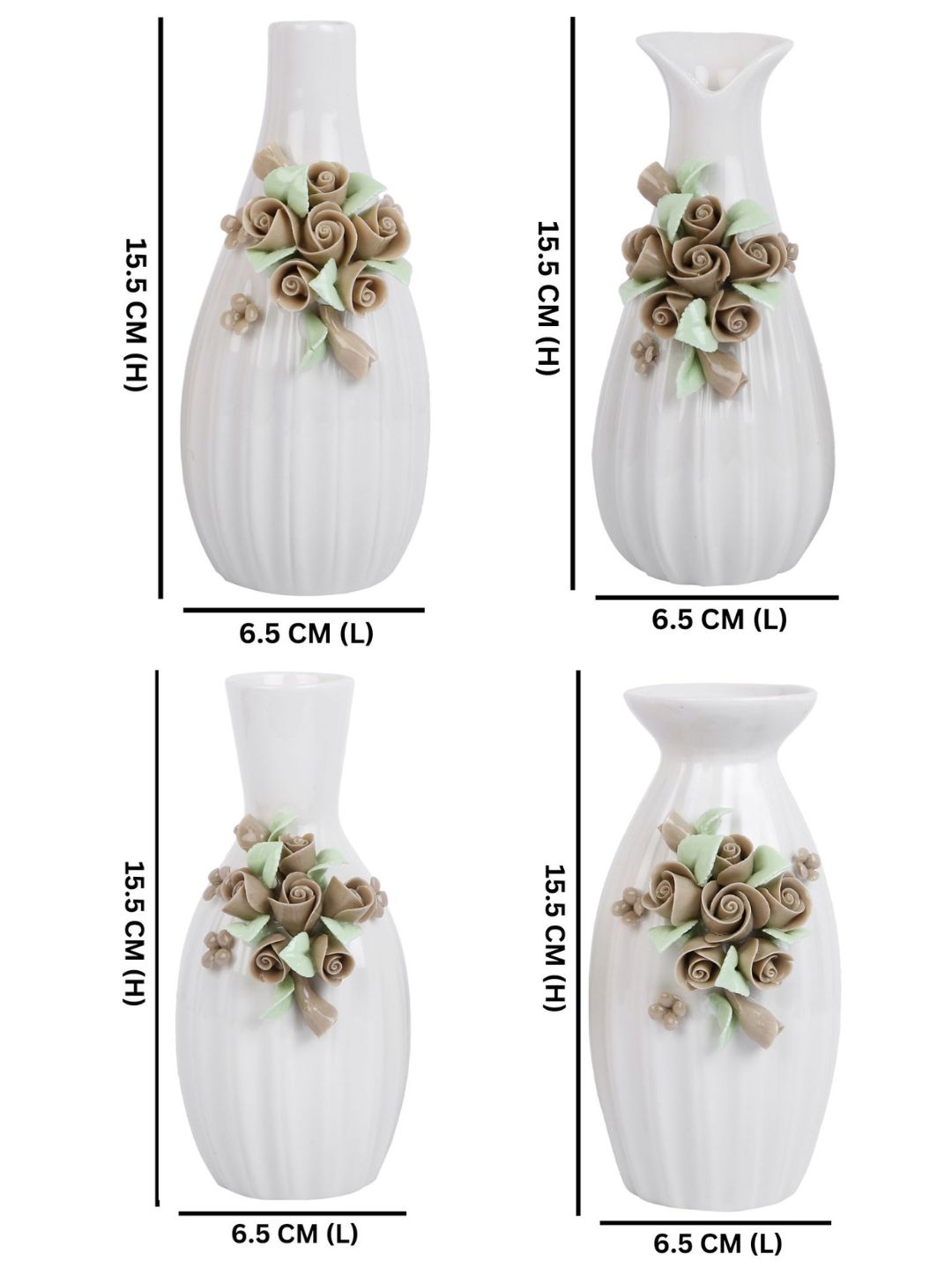 4 Piece White & Beige Floral Textured Ceramic Flower Vases