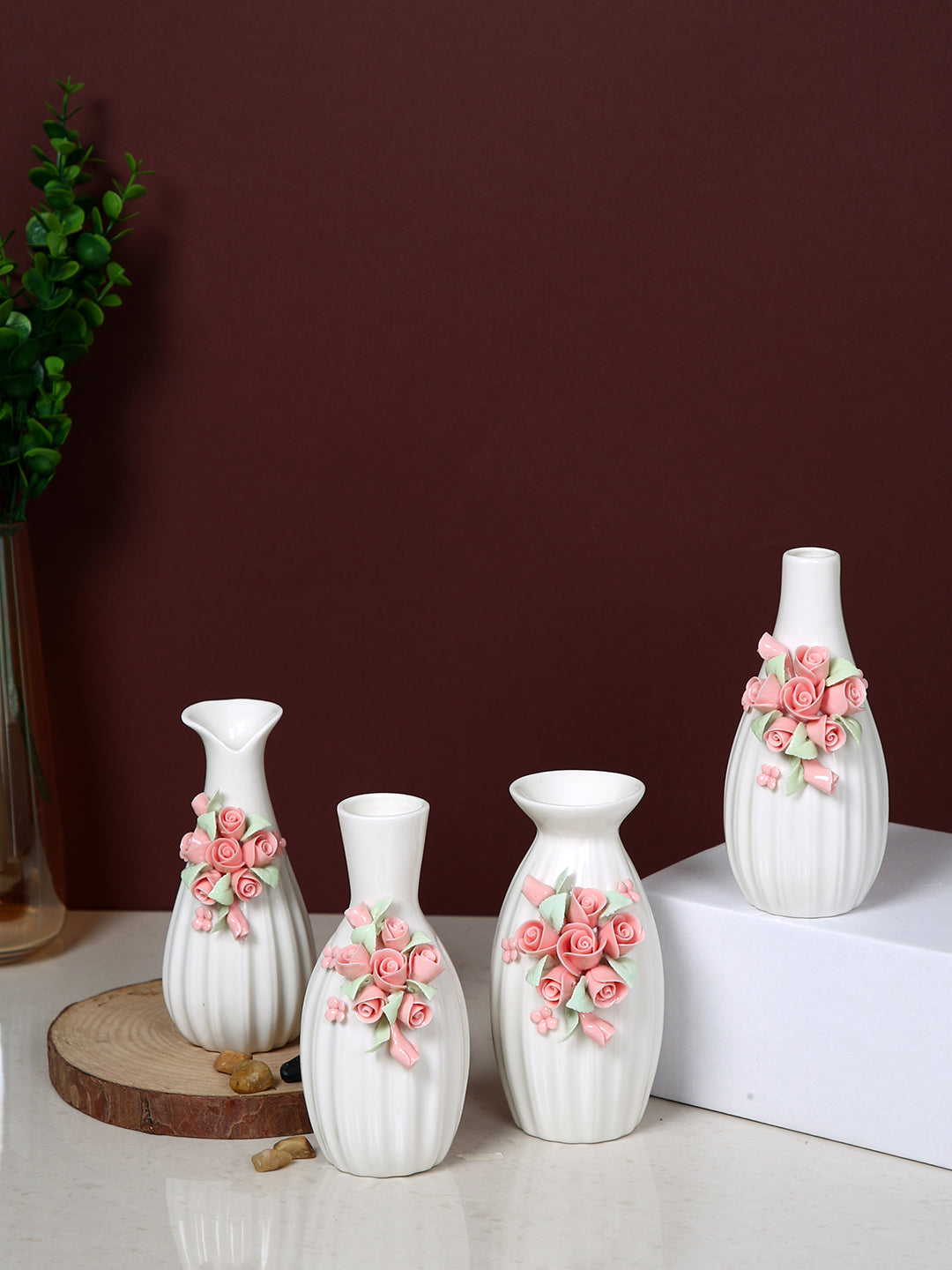 White & Pink 4 Pieces Textured Rose Ceramic Flower Vases
