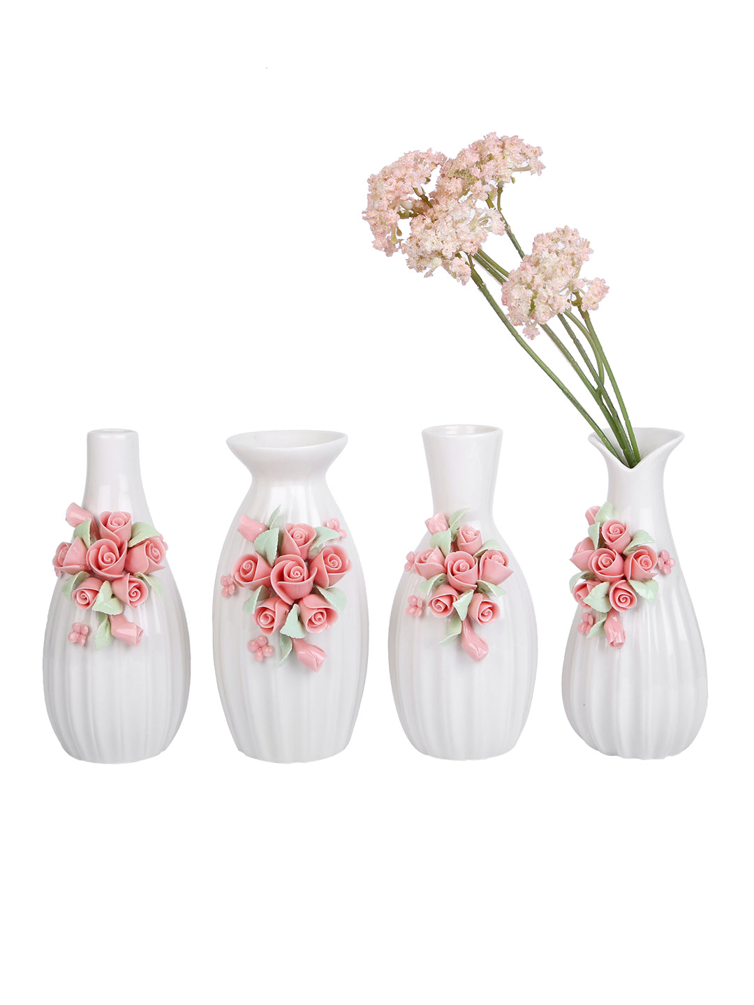 White & Pink 4 Pieces Textured Rose Ceramic Flower Vases
