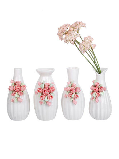 White & Pink 4 Pieces Textured Rose Ceramic Flower Vases