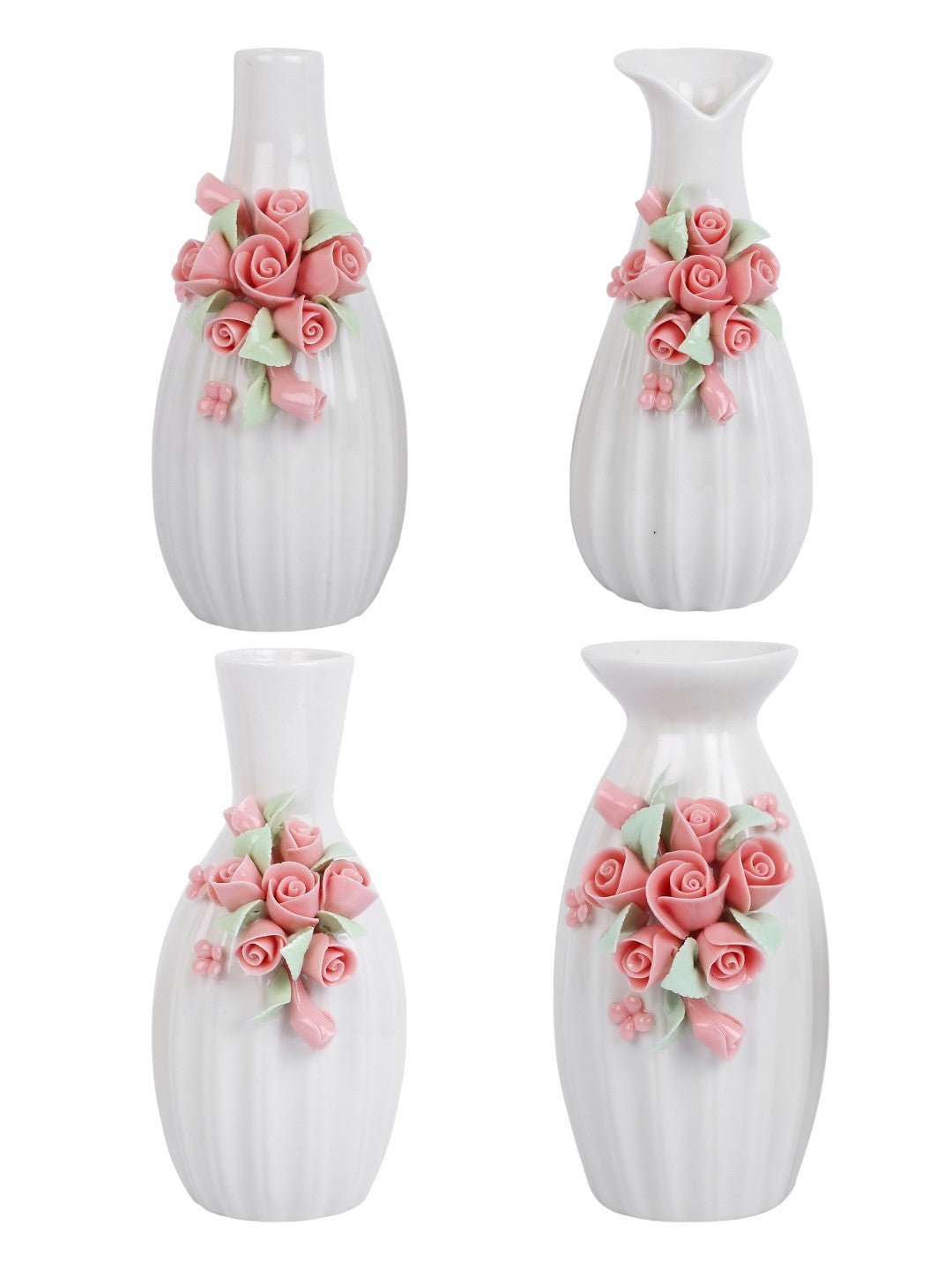 White & Pink 4 Pieces Textured Rose Ceramic Flower Vases