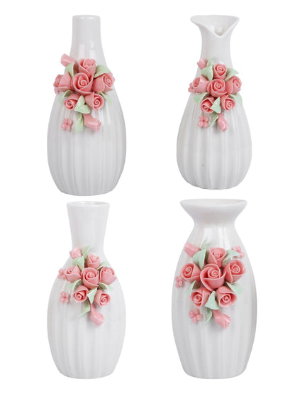 White & Pink 4 Pieces Textured Rose Ceramic Flower Vases