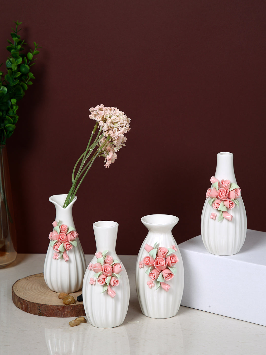 White & Pink 4 Pieces Textured Rose Ceramic Flower Vases